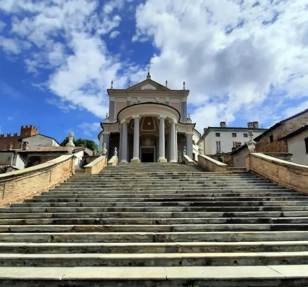 Baroque staircase in Pietra di Cumiana leading to the Santi Martino e Stefano parish church in Montemagno.